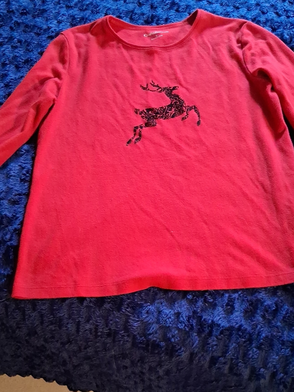 Womens Red Long-Sleeve Top with Reindeer Graphic